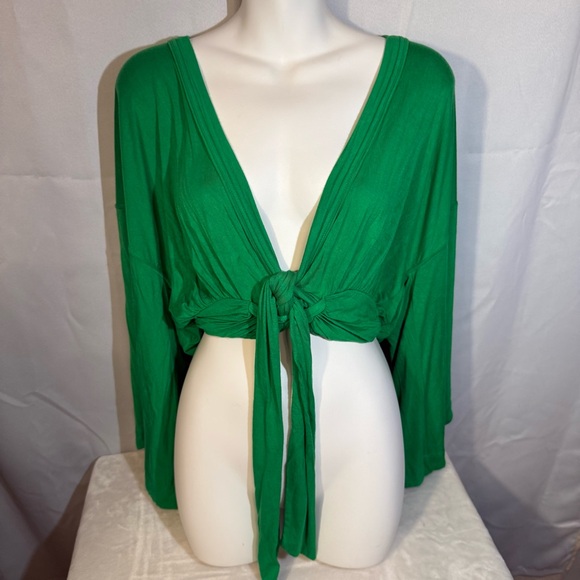 Free People Green Tie Front Cropped Top XS Long Sleeve Boho - Picture 2 of 9